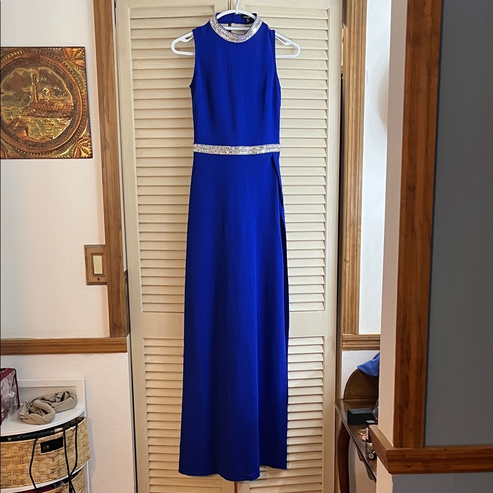 Fashion Nova Open Back Royal Blue Maxi Dress with Silver Trim